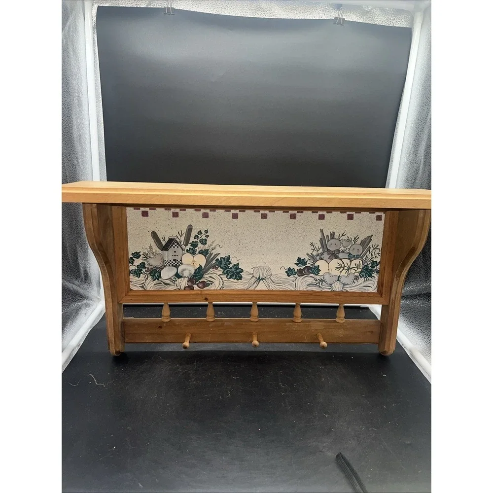 VTG Wood Framed Cottagecore Art Picture Wall Shelf Hanging Pegs Kitchen Bath